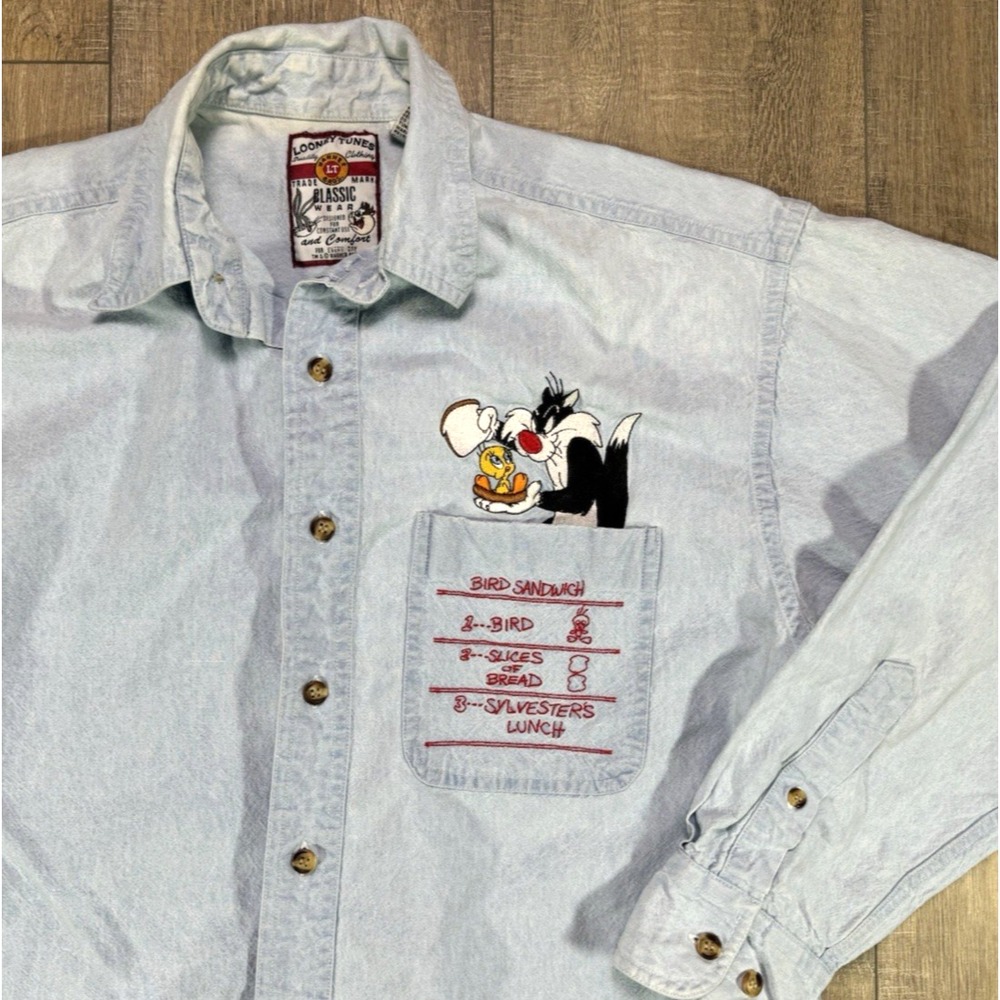 Vintage 90s Looney Tunes Tweety Bird Size Small Button Up Granny Embroidered